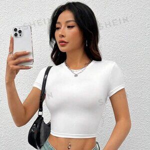 Women's Casual Simple Round Neck Short Sleeve Cropped Slim T-Shirts